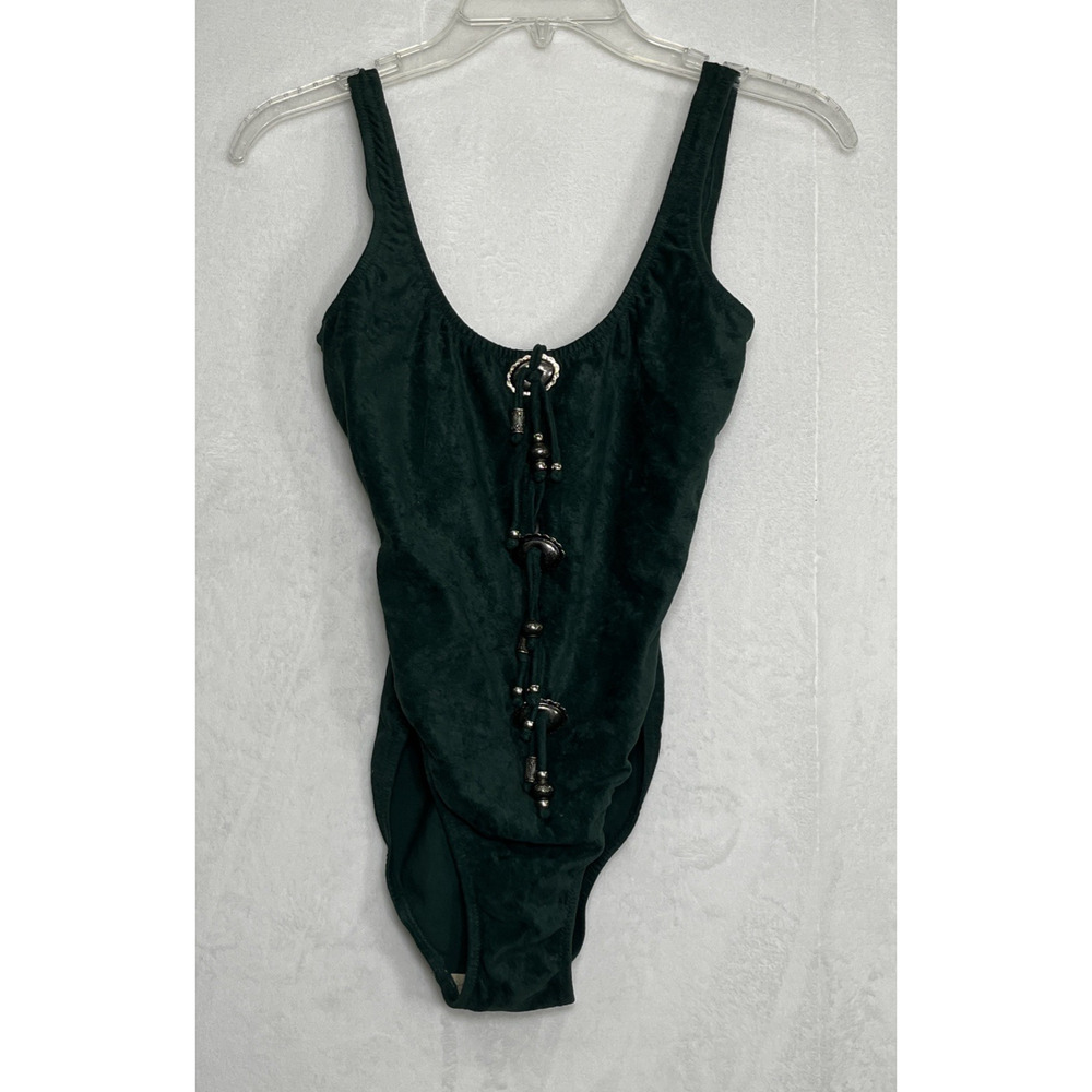Vintage Acqua & Pelle sz. 10 Green Faux Suede Western Style 1-pc Bathing Suit
